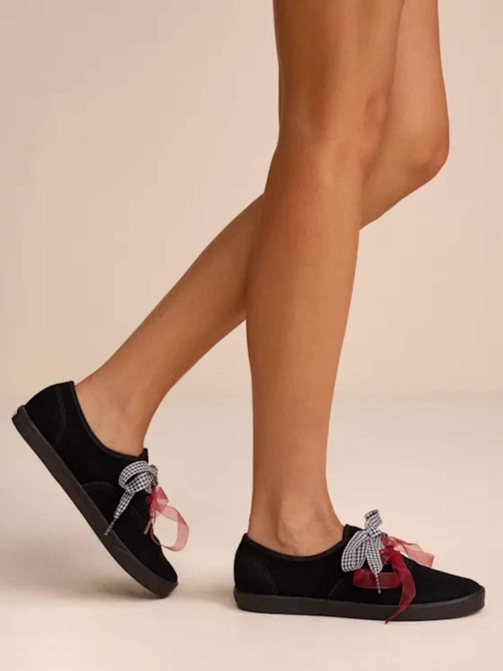 Vans Black Slip-On Flats with Gingham and Red Sheer Bows